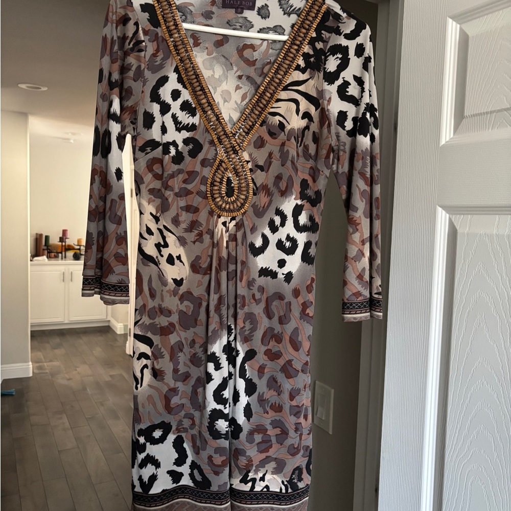 Hale Bob Embellished Brown and Black Sheath Dress with 3/4 Sleeves